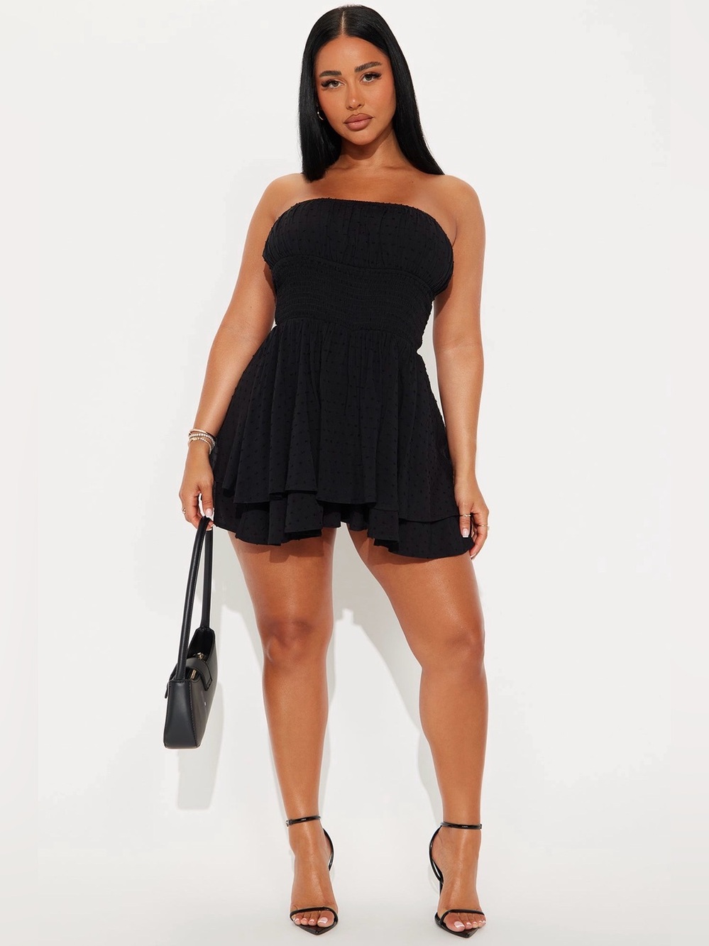 Fashion Nova Strapless Black Smocked Romper - Black